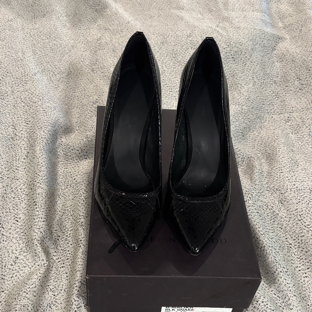 B by Brian Atwood Glossy Black Snakeskin Heels - size 7.5